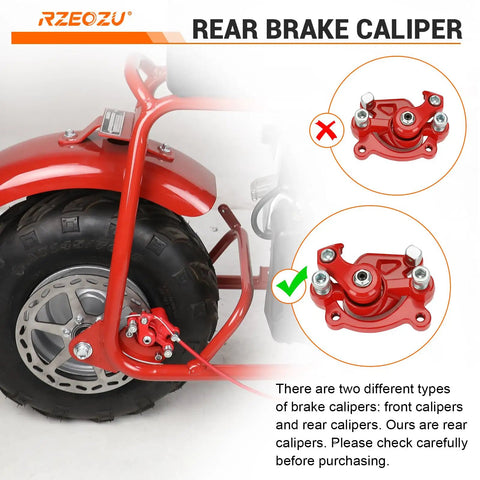 Rear view of 80cc Mini Bike Throttle Cable And Brake Kit showing installed red rear brake caliper on a minibike.