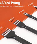 Pro Grade Leather Craft Tools Set With Diamond Stitch Punches 4mm Prongs Inner Teeth Tapered Design shown in different prongs
