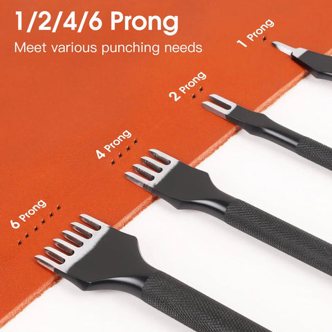 Pro Grade Leather Craft Tools Set With Diamond Stitch Punches 4mm Prongs Inner Teeth Tapered Design shown in different prongs