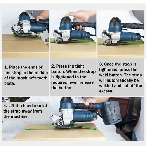 Heavy Duty Electric Strapping Machine With Hot Melt Welding And Adjustable Tension For Half To Three Quarter Inch Pp Pet Straps overview of operation steps