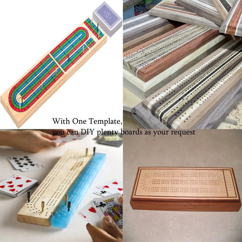 Built Tough Acrylic Cribbage Template And 1/4 Inch Thick Router Guide Kit For Building Slick Game Boards With Crisp Drill Marks And Tight Three Track Routing Project used in diverse DIY cribbage board designs.