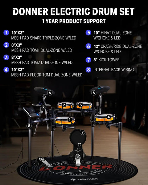 Electric Drum Set With Lights And 7 Inch Touchscreen 1126 Sounds Customizable Pad Colors Internal Rack Wiring BackBeat Gaming App Advanced Electronic Drum Kit For Practice And Live Jams in a studio