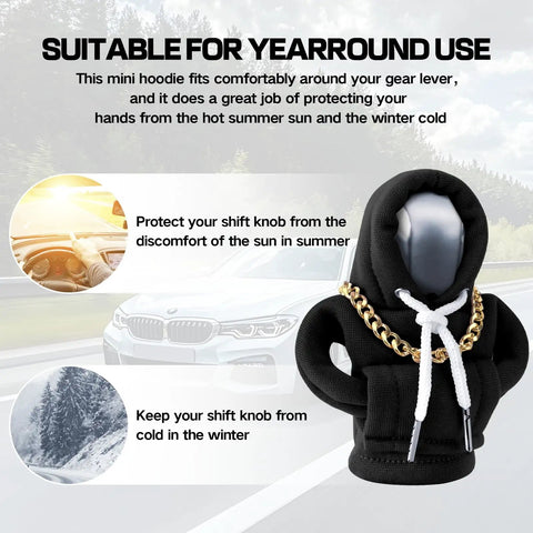 Cute black gear shift hoodie car accessory with universal fit, featuring gold chain, shown in sunny and snowy settings.