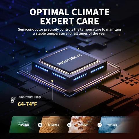 Semiconductor chip for 48L Electric Cigar Humidor Cabinet With Cooling And Heating Temperature Control shown with climate care features.