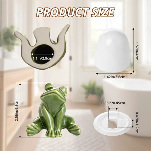 Six Piece Ceramic Frog Toilet Bolt Cover Set Includes Universal Screw Caps With Washers No Sweat Install Hardware Kit. Size details displayed.