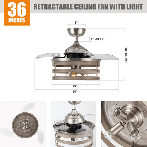 Retractable 36 Inch Ceiling Fan With Lights And Remote In Brushed Nickel, featuring quiet motor and energy efficient design.
