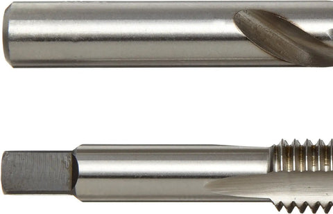 Close-up of Heavy Duty Pro Grade High Speed Steel Jobber Length Drill Bit and Spiral Point Tap Set, uncoated bright finish.