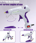Full Size Dual Temp Hot Glue Gun With 60 And 100 Watt Power On Off Switch Beefy Heavy Duty Industrial Melt Gun in white and purple, shown with detachable base stand and close-up of on/off switch.
