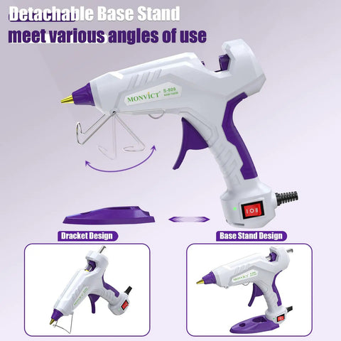 Full Size Dual Temp Hot Glue Gun With 60 And 100 Watt Power On Off Switch Beefy Heavy Duty Industrial Melt Gun in white and purple, shown with detachable base stand and close-up of on/off switch.