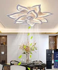 Fandelier Ceiling Fan With Light And Remote, 32.7 Inch, 100W installed in dining area, showing remote control features and airflow effect.