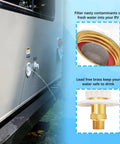 Image of City Water Inlet Check Valve And Hookup Connector For RVs Three Quarter Inch NH Female to One Half Inch NPT Male Three Inch Flange Lead Free Brass Backflow Preventer with Dust Plug installed on RV; side view highlights brass material and protective features.