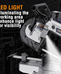 Close-up of Powerful 10 Amp Portable Band Saw With Lightweight Aluminum Base, LED light illuminating cutting area for precision.