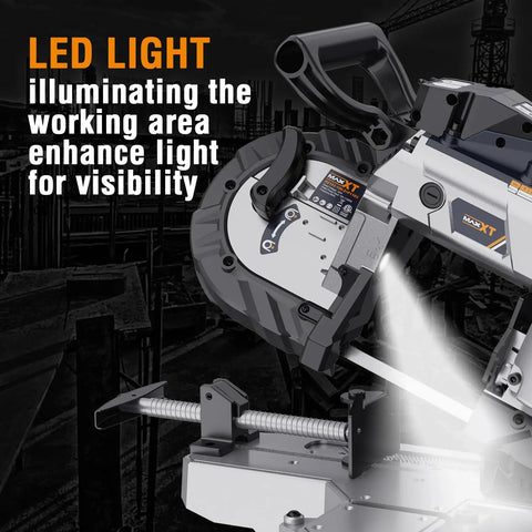 Close-up of Powerful 10 Amp Portable Band Saw With Lightweight Aluminum Base, LED light illuminating cutting area for precision.