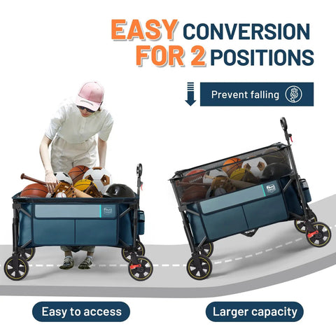 Beefy 350L Extra Large Collapsible Folding Wagon With Brake For Camping, side view with balls displaying adjustable positions.