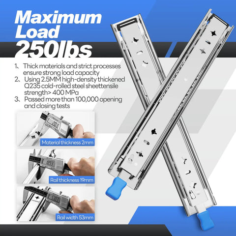 Image of 1 Pair Built Tough Heavy Duty Locking Drawer Slides 250 lb Load Capacity Full Extension Ball Bearing Side Mount Rails
