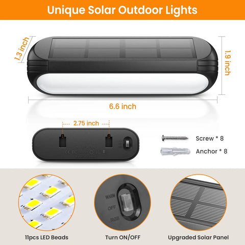 4 Pack Solar Outdoor Lights with RGB Color Changing and Warm White Modes dimensions and features display, waterproof LED