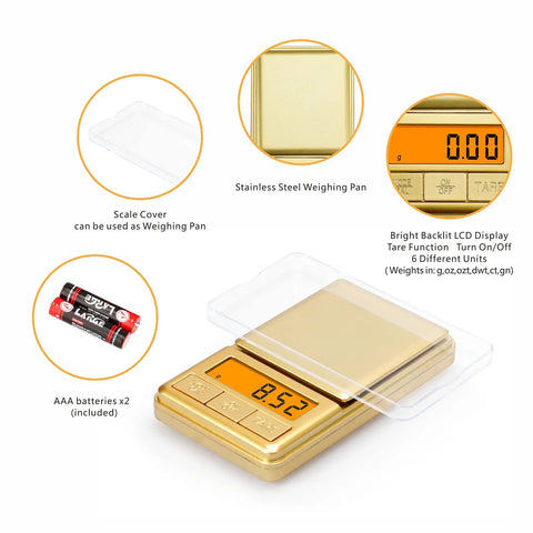 Mini Pocket Scale 100g 0.01g Digital Gram Scale With Cover, gold color, backlit display, multiple units, AAA batteries included