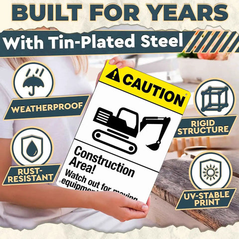 Rugged Aluminum Construction Area Warning Sign 8x12 Inch For Worksite Outdoor Use Boss Level Visibility Helps Keep Crews Safe And Stops Unauthorized Entry On Jobs, held up by a person in a room, highlighting weatherproof and UV-stable features, tin-plated steel construction.