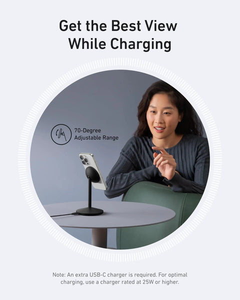Woman using MagSafe Charger Stand For iPhone 17 16 15 14 13 Series 15W Fast Wireless Charging Station Qi2 Certified
