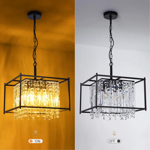 Dope Modern Black Crystal Chandelier With Adjustable Height, lit and unlit, 16 inch for dining room, living room, kitchen island.