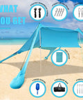Portable Beach Tent Sun Shelter 7x7ft Shade Canopy UPF50 Sandbags Included For Easy Setup Family Camping Fishing Picnics And Backyard Fun Wind Resistant Beach Shade For Outdoor Adventures with accessories shown on a beach