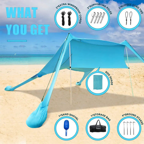 Portable Beach Tent Sun Shelter 7x7ft Shade Canopy UPF50 Sandbags Included For Easy Setup Family Camping Fishing Picnics And Backyard Fun Wind Resistant Beach Shade For Outdoor Adventures with accessories shown on a beach
