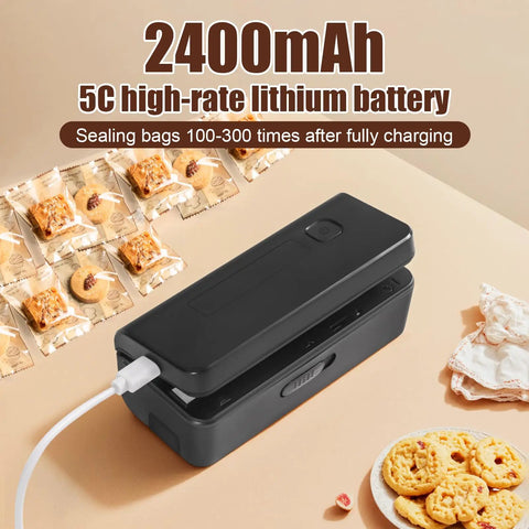 Pocket Size Bag Sealer with USB 1300mAh Rechargeable Battery, LED Power Display, sealing gears, and cutter on table with snacks.