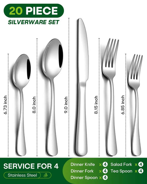 20 Piece Stainless Steel Flatware Set For Four People Everyday Dining Utensils With Knives Forks Spoons And Tea Spoons