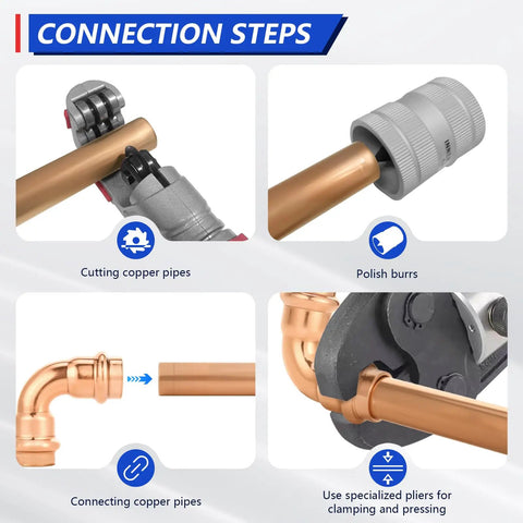 Half Inch Copper Press Fittings Kit 10 Pack With 2 Tees 3 Elbows 5 Couplings For Quick Press Plumbing installation steps shown