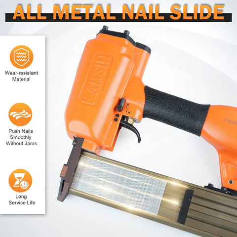 Pro Spec 16 Gauge Pneumatic Finish Nailer Drives Three Quarter To 2 Inch Straight Nails Packing Heavy Steel Mag And Sure Grip Safety Lock For Clean Trim Work Weekend Warriors Absolutely Love, showing all metal nail slide.