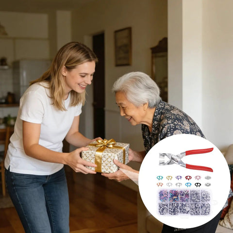 Pro Level Metal Snap Fasteners Kit With One Hundred Colored And Silver Five Prong Buttons Paired With Rugged Iron Press Pliers showcased with crafters exchanging gifts.