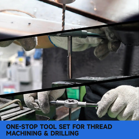 Close-up of All In One 100 Piece Drill And Tap Set With SAE And Metric Sizes For External And Internal Threading in use