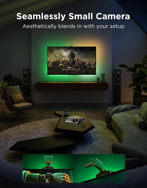 TV Backlight 3 Pro With HDR Triple Camera, Syncs To 75 85 Inch Screens, Ultra Clear HDR Image Capture For Brighter Highlights And Deeper Shadows, High Precision Triple Camera System, Perfect For An Immersive Movie Night And Gaming Setup mounted on wall TV