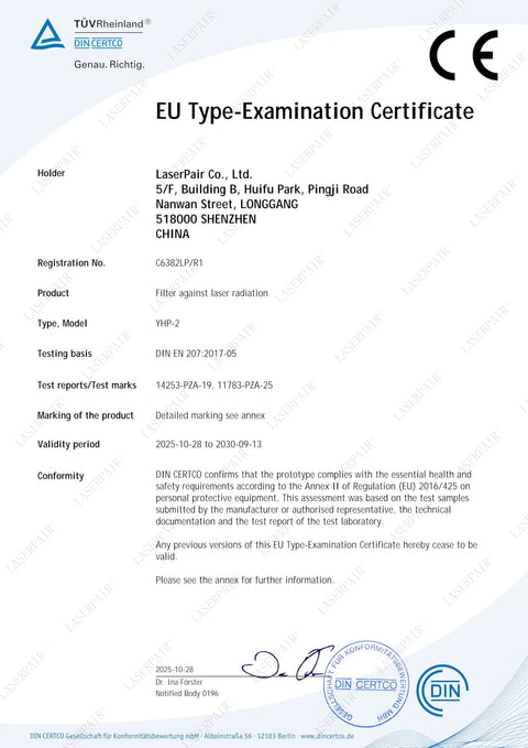 EU Type-Examination Certificate for Top Shelf 800 To 1100Nm Laser Safety Goggles Filter against laser radiation YHP-2 model.