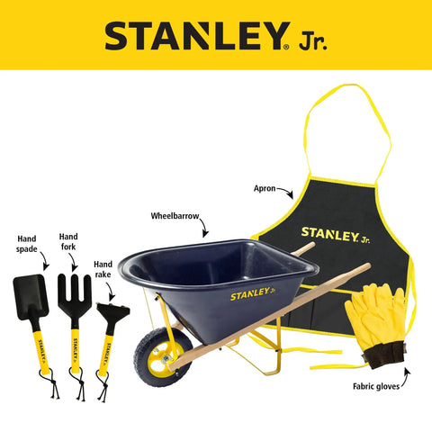 Six Piece Kid Friendly Wheelbarrow And Garden Tool Set With Apron And Gloves For Backyard Play shown with spade, fork, rake, wheelbarrow, apron