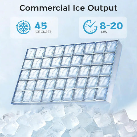 Straight Fire Commercial Ice Maker Cranks Out 100 Pounds Daily With 33 Pounds Storage drops 45 crystal clear ice cubes in 8-20 minutes.