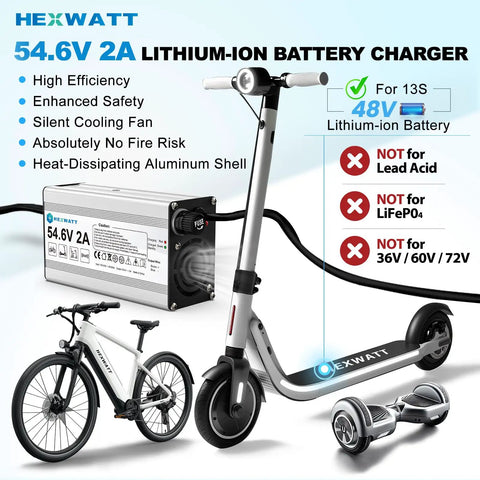 54.6V 2A Charger For 48V Lithium Ion Battery Ebike Electric Bike Electric Scooter Hoverboard Replacement With 6 Connectors, Safe Smart Charging, Aluminum Housing, Quiet Cooling Fan, High Quality Components