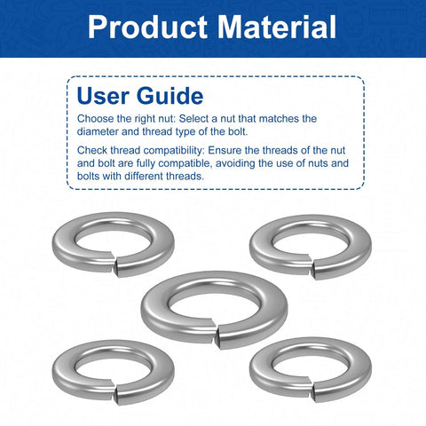 M6 stainless steel spring lock washers, set of 5 on white background, 304/18-8 material