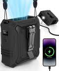 All In One Portable Fan With Five Speed Settings And 8000mAh Battery, dual sided clip, charging phone and flashlight view