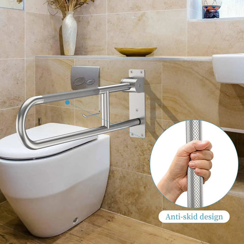 Rock Solid Toilet Grab Bar With Paper Holder Flip Up Bathroom Safety Rail Hella Secure Stainless Steel anti-slip grab handle.