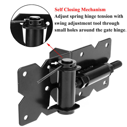 Self Closing Gate Hinges Kit Adjustable Heavy Duty Hardware For Wood Vinyl Metal Outdoor Fences Built To Last Tough As Nails 90 Degree Swing Includes Self Tapping Screws And Swing Adjuster Tool Two Pack Black Finish