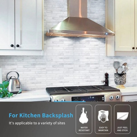 Kitchen showing Dope Premium Peel And Stick Kitchen Backsplash Tiles 12 By 12 Inch White Marble Look Self Adhesive Wall Tiles Pack