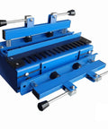 Heavy Duty Woodworking Dovetail Jig With Rock Solid Clamps For Dead On Half Blind Cabinet And Drawer Building Adjustable 12 To 24 Inch Range Zero Wiggle Routing Setup, blue metal construction.