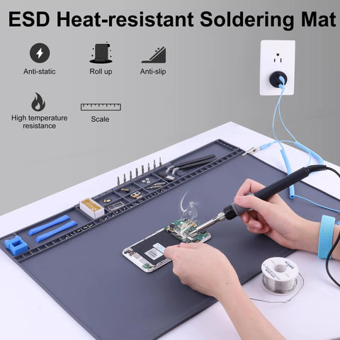 Front view of magnetic anti-static heat-resistant soldering mat (20.7 x 13.4 in) with grounding lead for electronics repair