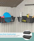 Two Pack Shed Basket Organizer Set With Wall Mount Shelf Kit Durable Heavy Duty Resin Bins for outdoor shed storage