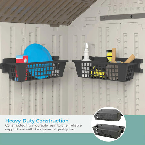 Two Pack Shed Basket Organizer Set With Wall Mount Shelf Kit Durable Heavy Duty Resin Bins for outdoor shed storage