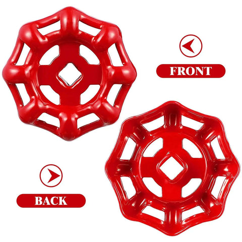 Ten Pack Red Cast Iron Valve Wheel Handles Replacement Shutoff Hand Wheels With Flat Bottom Design front and back view