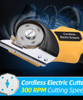Boss Grade Cordless Electric Scissors For Cardboard Boxes, Rechargeable Rotary Cutter Slides Through Carpet And Plastic, No Sweat 4V Power Tool With Fast Charge Cable And Carry Pouch close-up of cutting blade with 300 RPM speed.