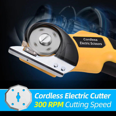 Boss Grade Cordless Electric Scissors For Cardboard Boxes, Rechargeable Rotary Cutter Slides Through Carpet And Plastic, No Sweat 4V Power Tool With Fast Charge Cable And Carry Pouch close-up of cutting blade with 300 RPM speed.