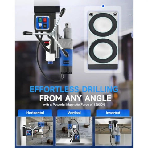 Portable Magnetic Drill Press For Metal showing controls and magnet with 13900N force, ideal for diverse drilling angles.